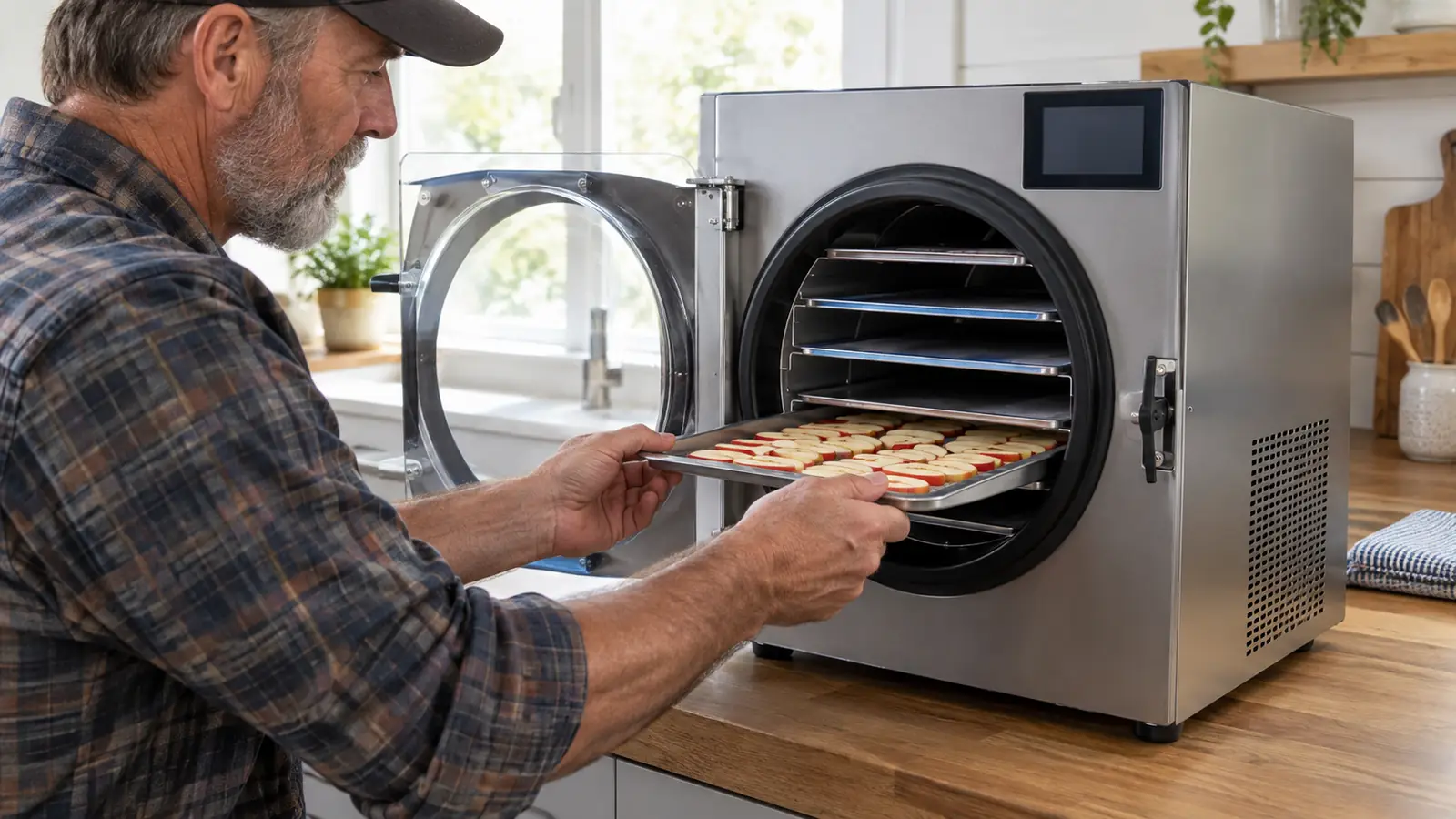 Hands loading a tray of sliced food into the open chamber of a home freeze dryer