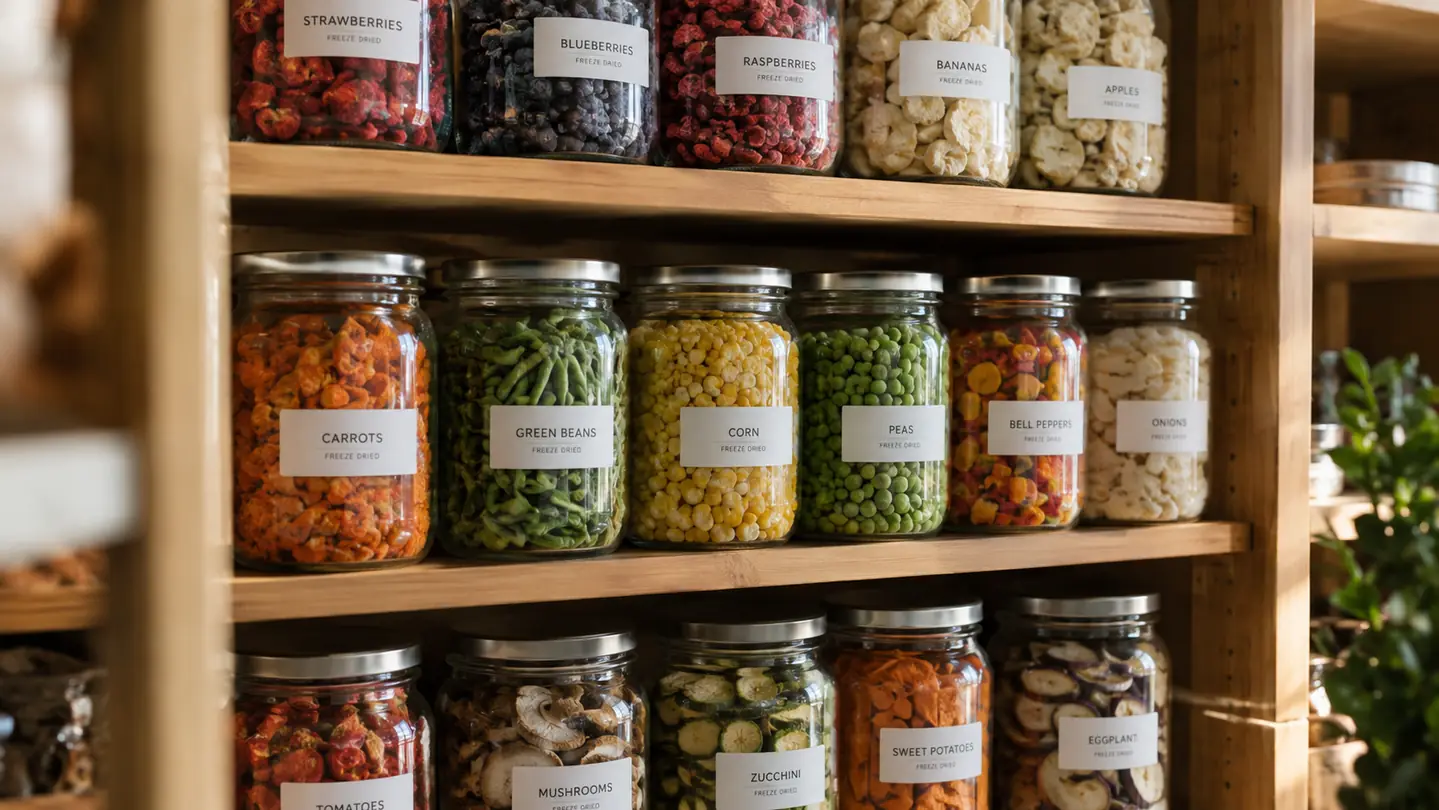 Pantry shelves lined with labeled glass jars of freeze-dried food