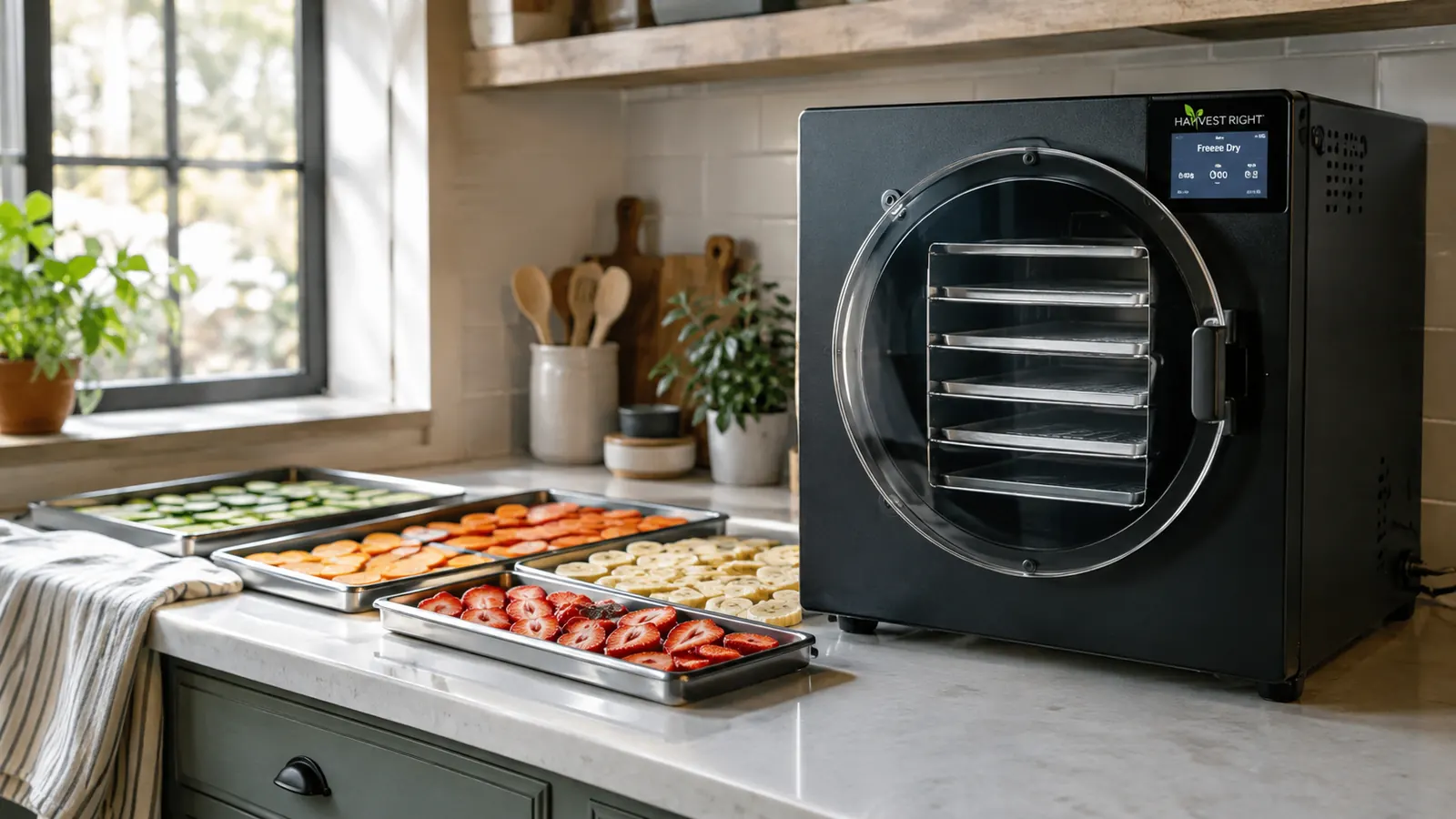 A home freeze dryer machine on a kitchen counter with trays of sliced food beside it