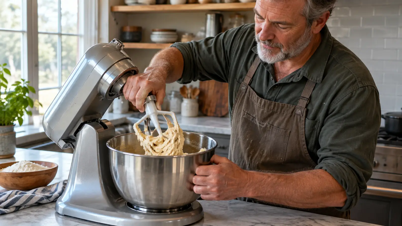 A hand mixing dough in a stainless bowl with a stand mixer paddle attachment
