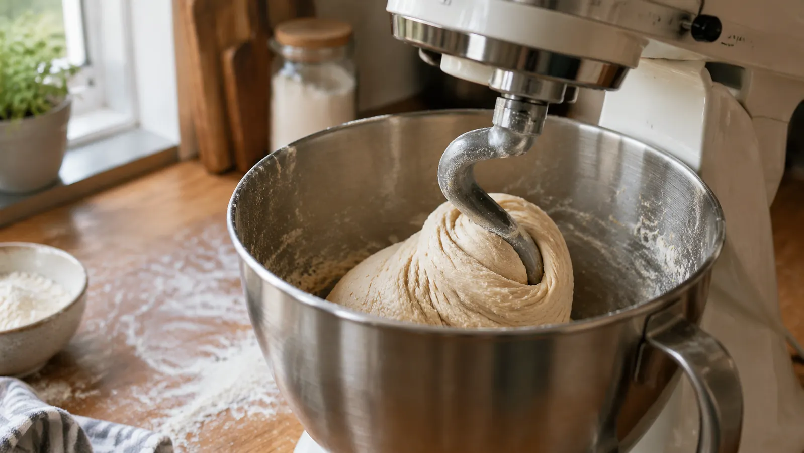 A stand mixer with a dough hook kneading bread dough in a stainless bowl