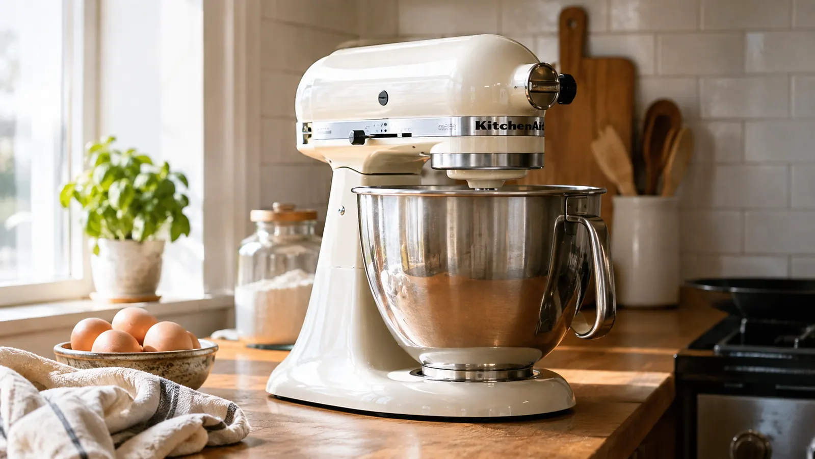 A large stand mixer on a kitchen counter with a stainless bowl, morning light through a window