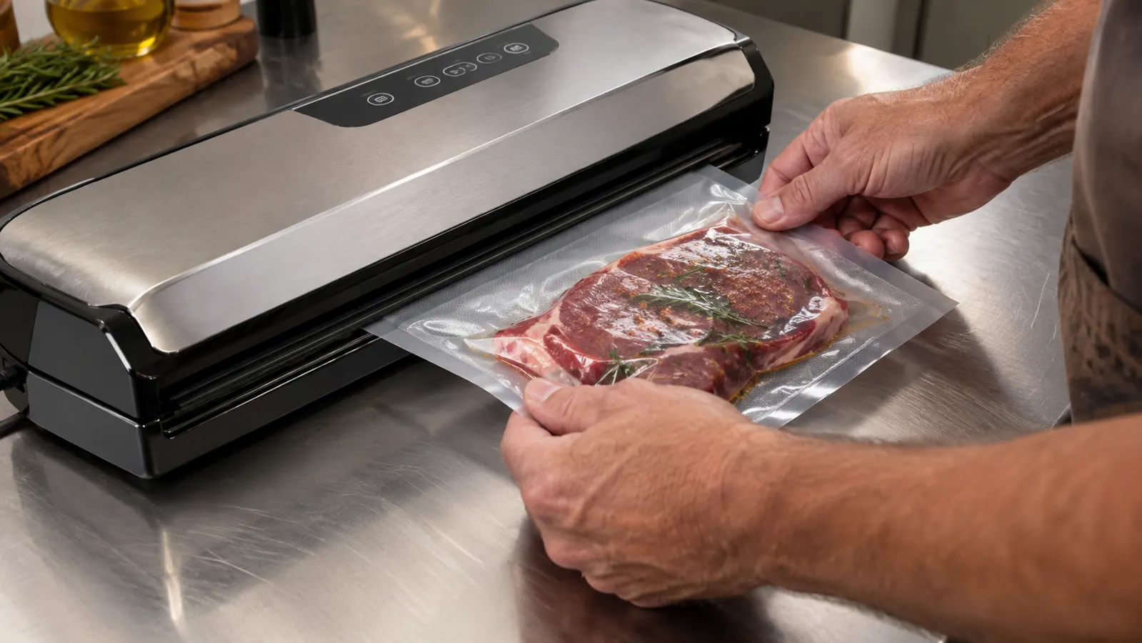 Hands placing a filled vacuum bag into the sealer channel