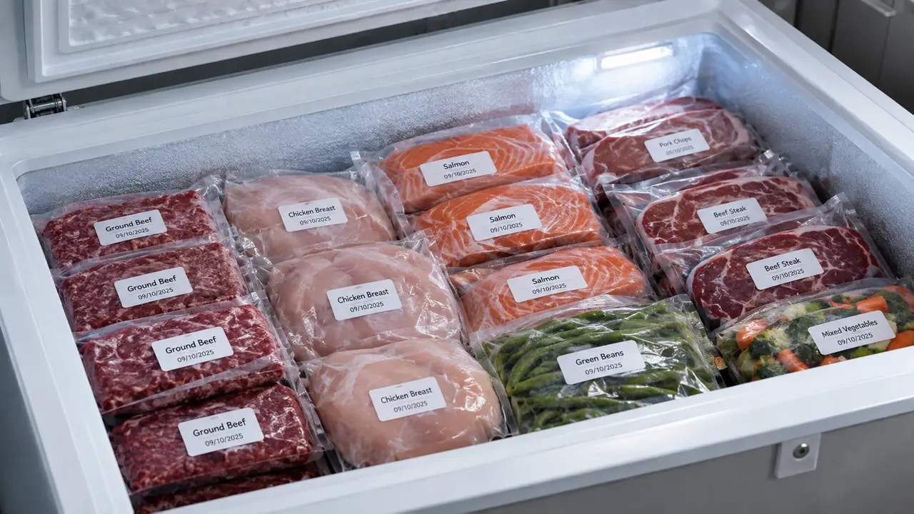 Open freezer with labeled vacuum-sealed packages stacked in rows