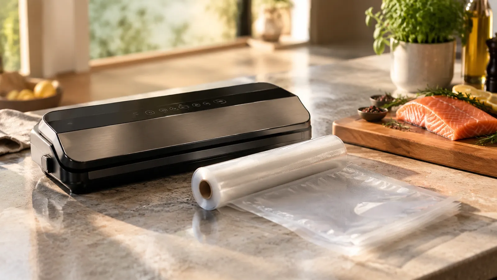 Countertop vacuum sealer with a roll of bags beside a cutting board