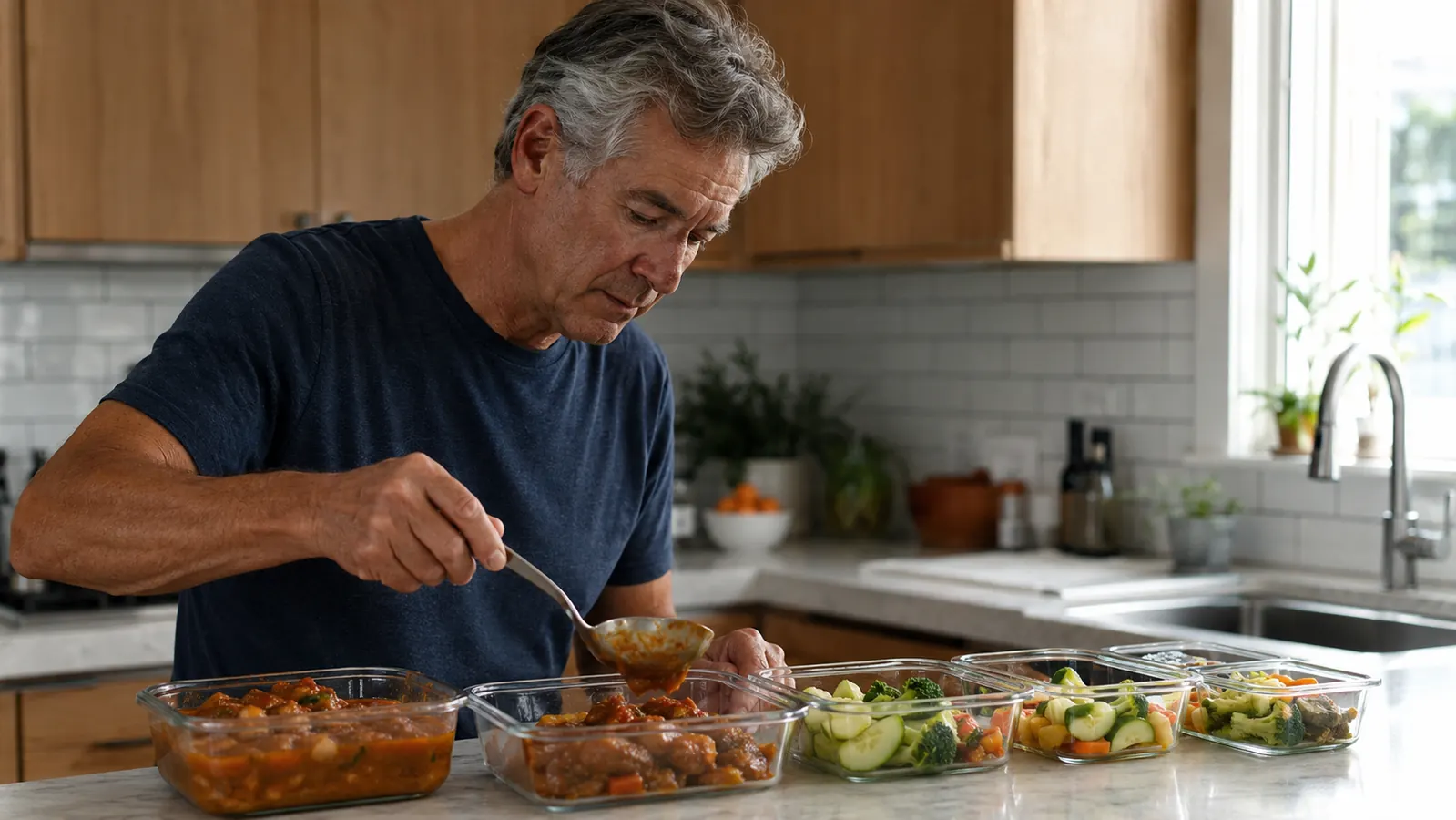 Meal-prep station with several clear portion containers lined up on a kitchen counter