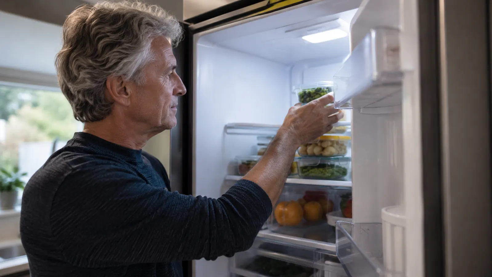 Open refrigerator with a neat stack of clear food storage containers on a middle shelf