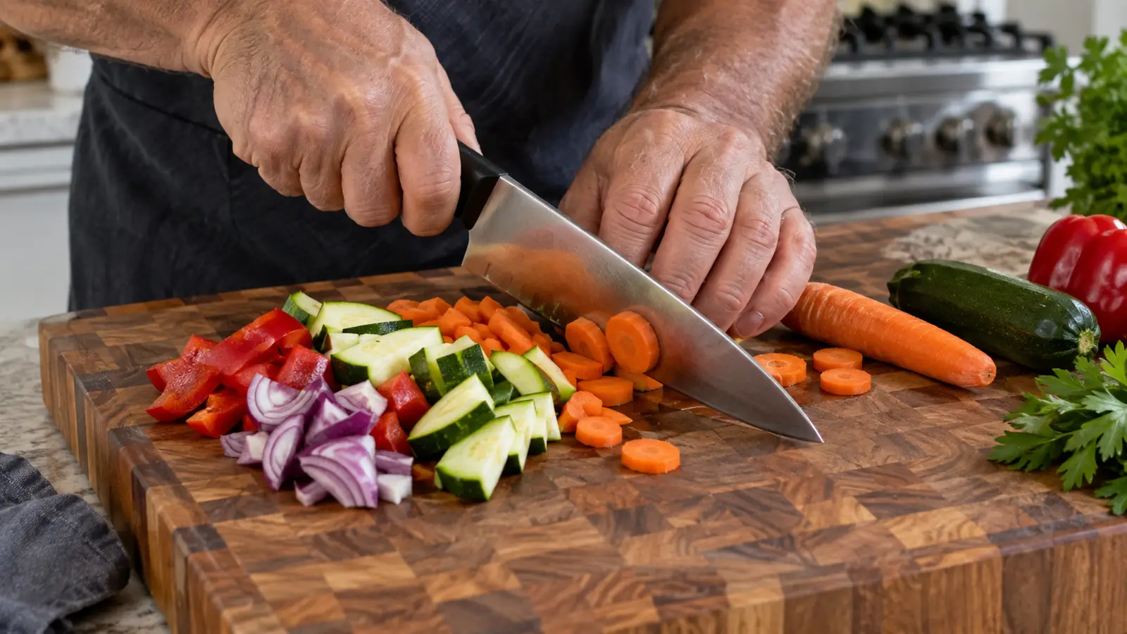 A hand guiding a chef's knife through cut vegetables on a walnut end-grain cutting board