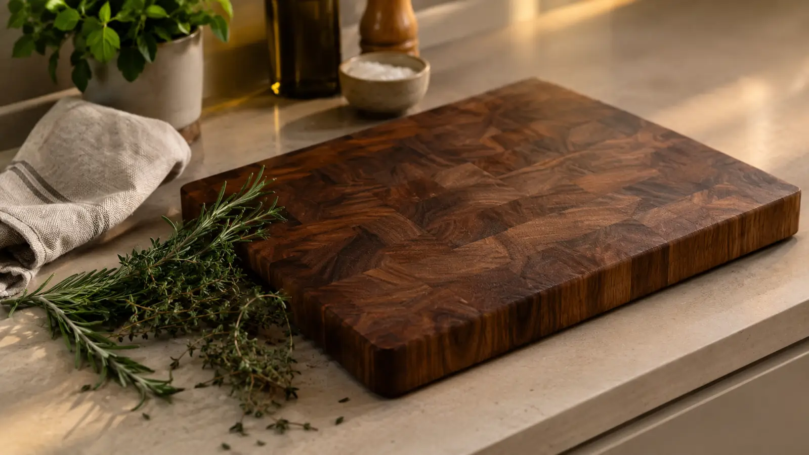 A walnut end-grain cutting board on a counter with fresh herbs and a folded cloth beside it