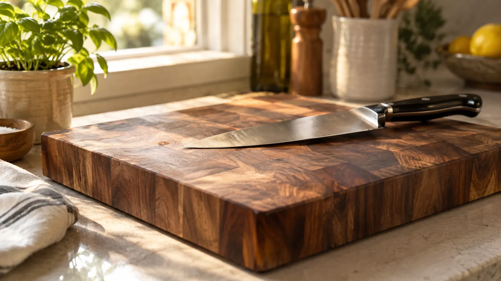 A walnut end-grain cutting board on a kitchen counter with a chef's knife resting across it
