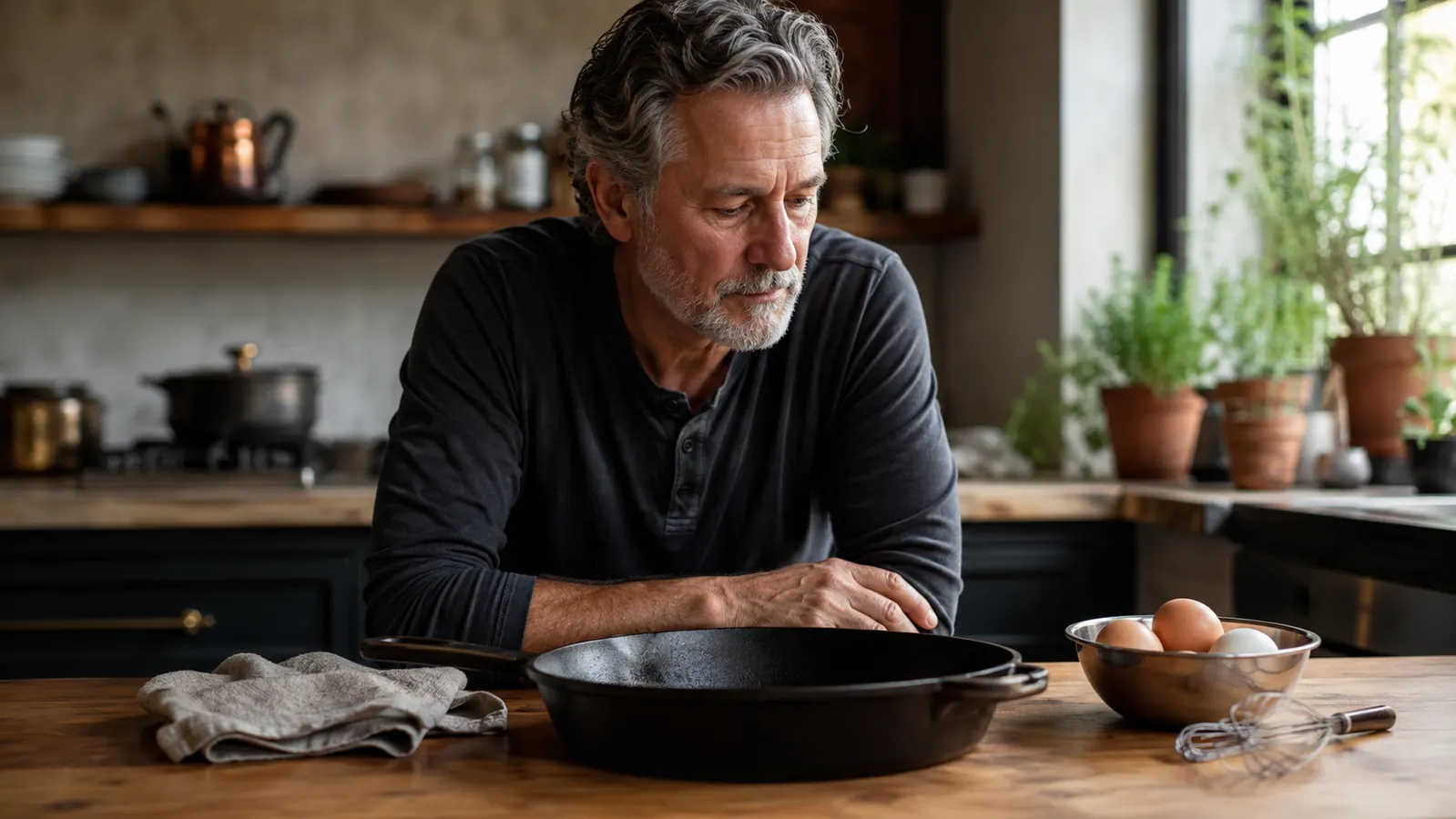 A well-seasoned cast iron skillet resting on a kitchen counter with a small stainless bowl of eggs beside it in morning light