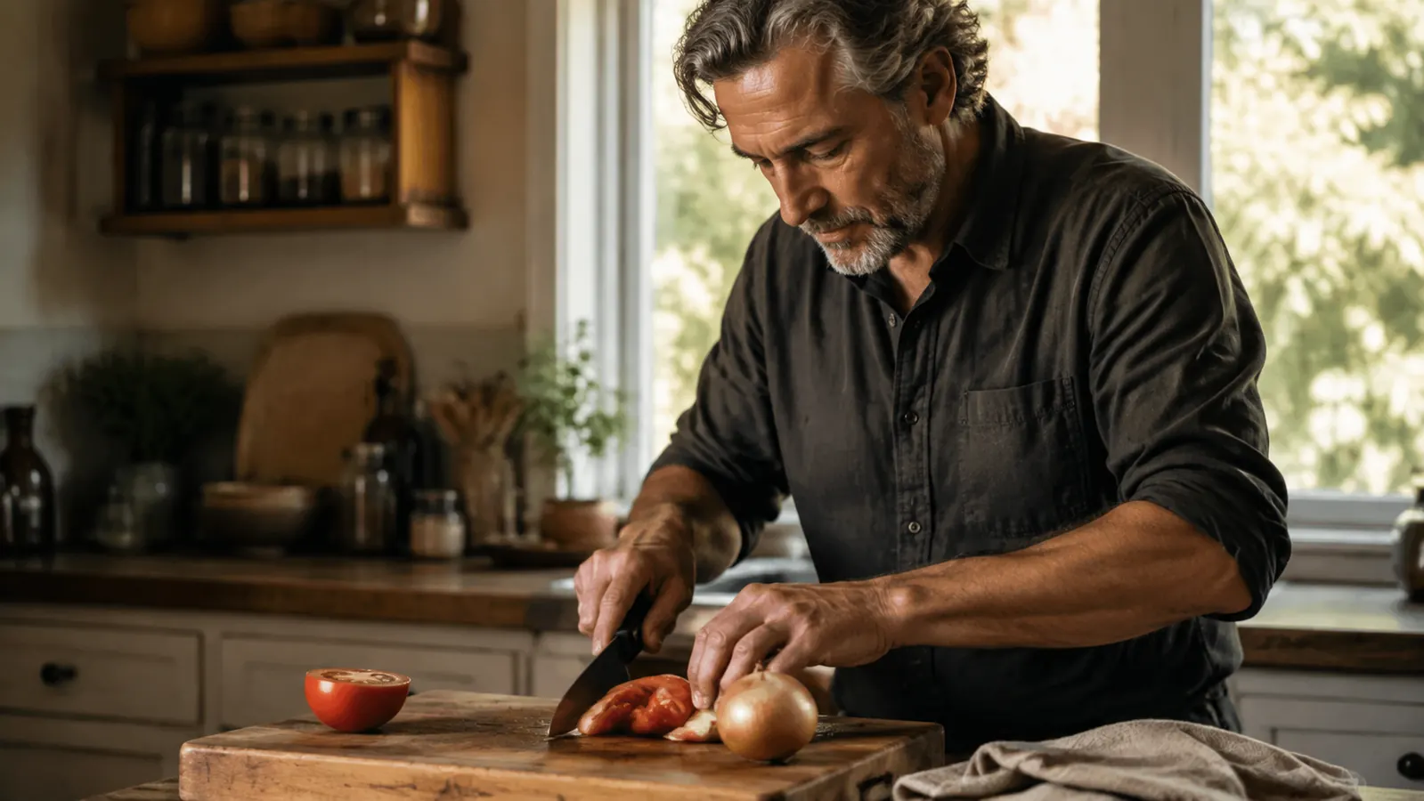 An 8-inch forged chef's knife resting on a scarred wooden cutting board beside a halved tomato and an onion in warm morning light