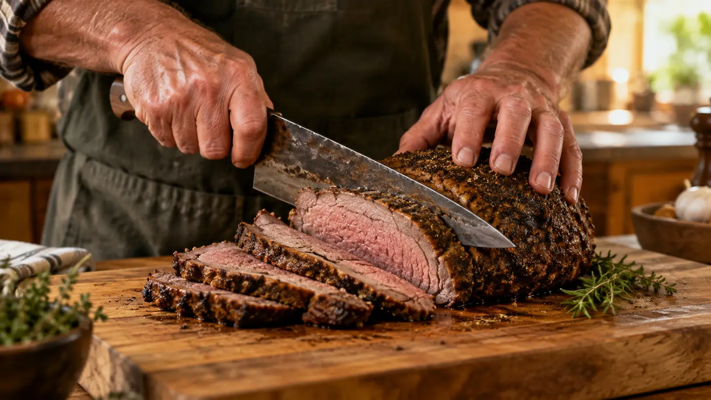 A hand using a butcher knife to slice a large roast on a wooden board