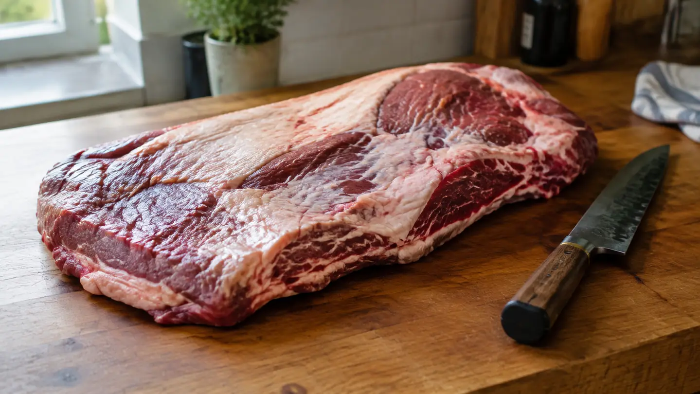 A raw brisket on a butcher block beside a hand-forged knife