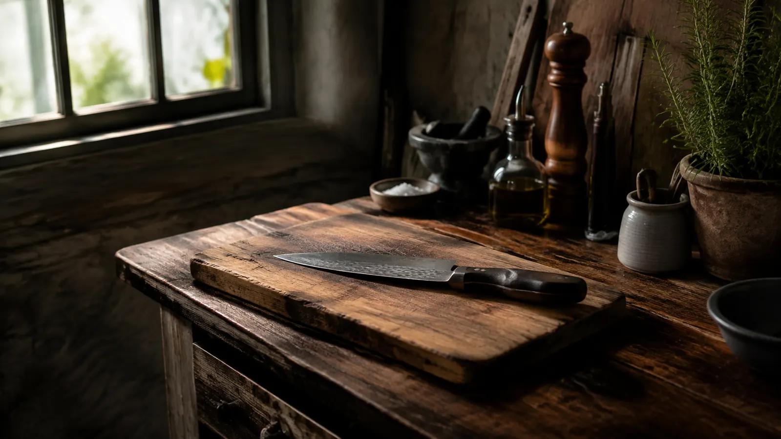 A hand-forged butcher knife resting on a wooden cutting board in morning light