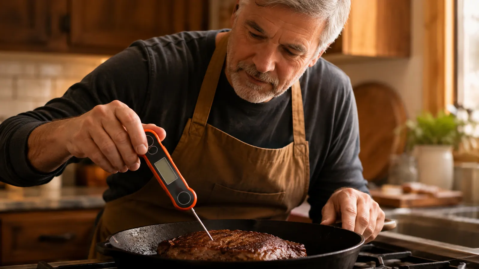 A hand holding an instant-read thermometer, probe tip in the center of a steak searing in a hot cast iron skillet.