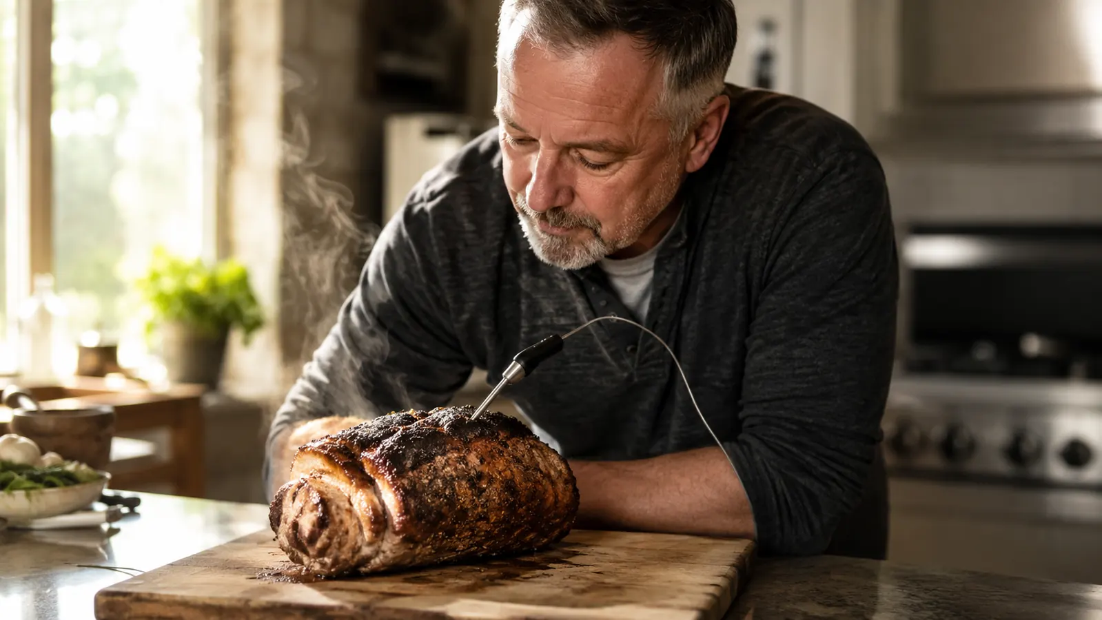 A rested pork roast on a wooden cutting board with a probe thermometer still inserted near the center, faint steam rising in late afternoon window light.