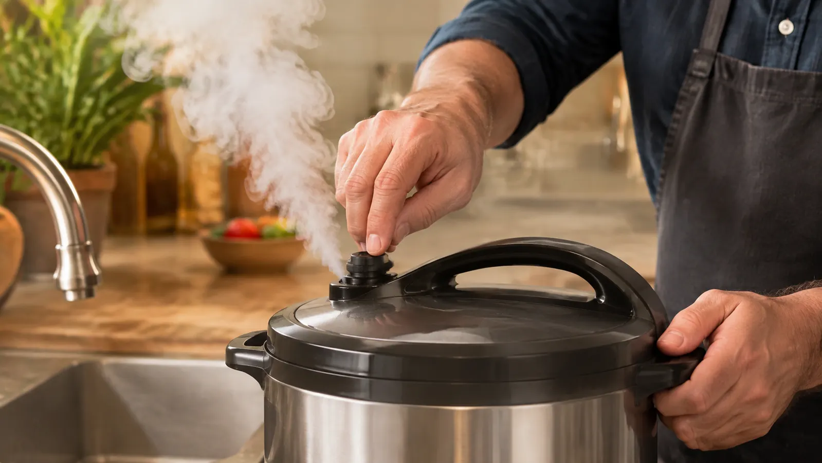 A hand slowly turning the steam release valve on a multicooker, a strong stream of steam rising toward the kitchen ceiling