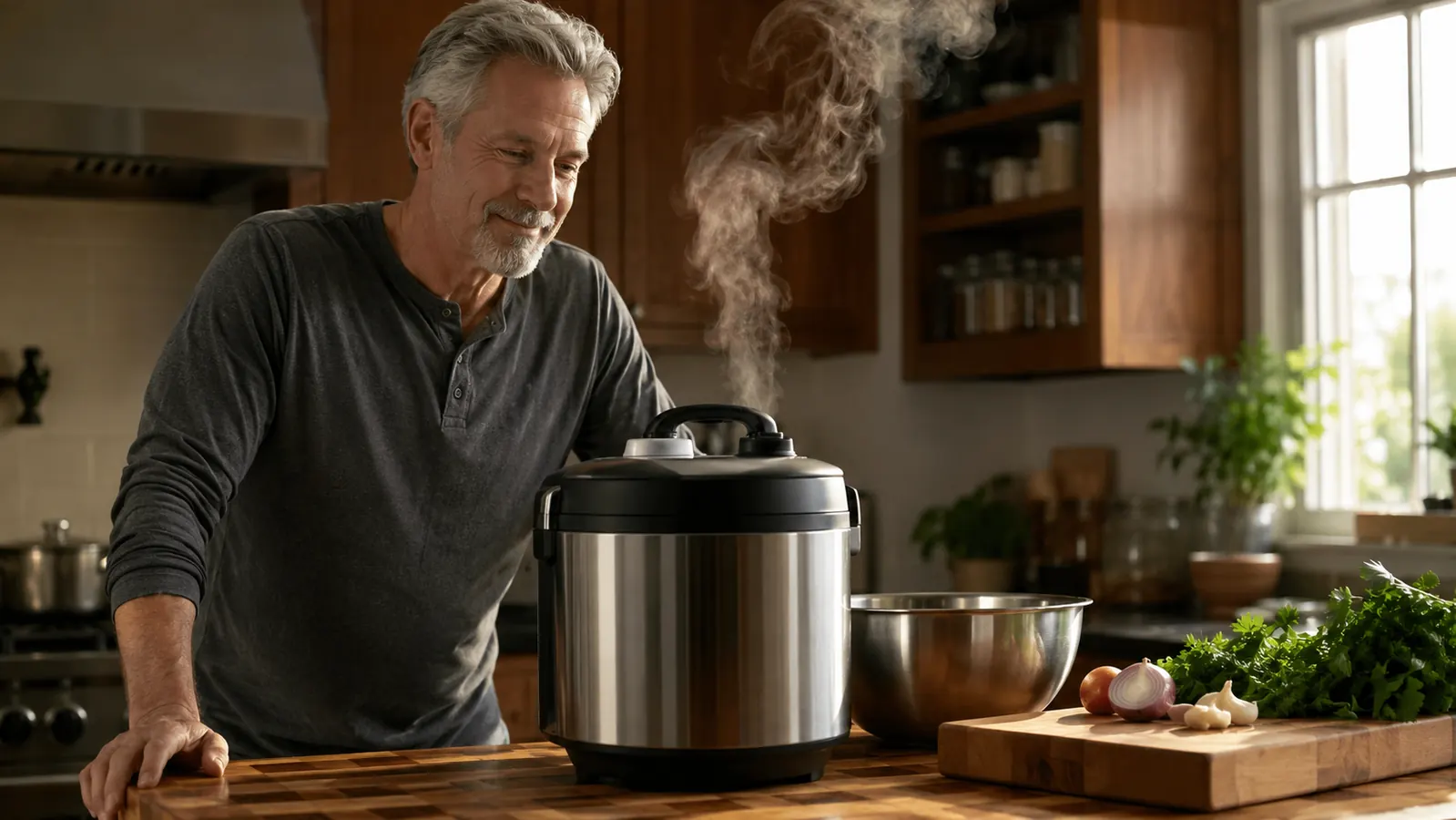 A multicooker on a butcher-block counter with a bowl of rice and a cutting board beside it, steam rising in warm evening light
