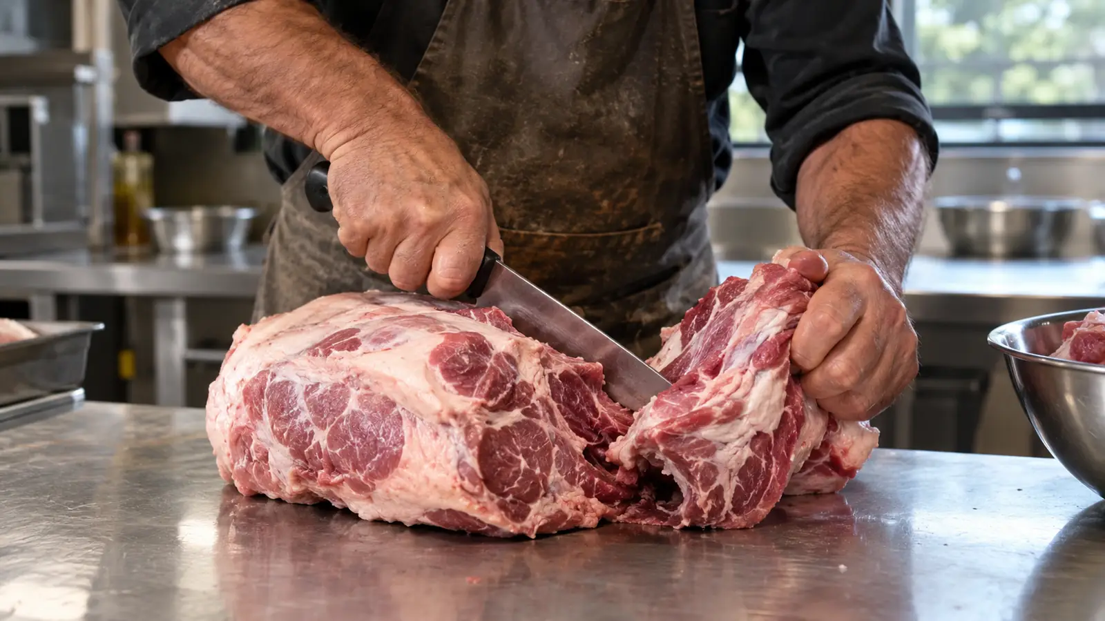 A hand using a butcher knife to cut a pork shoulder on a counter