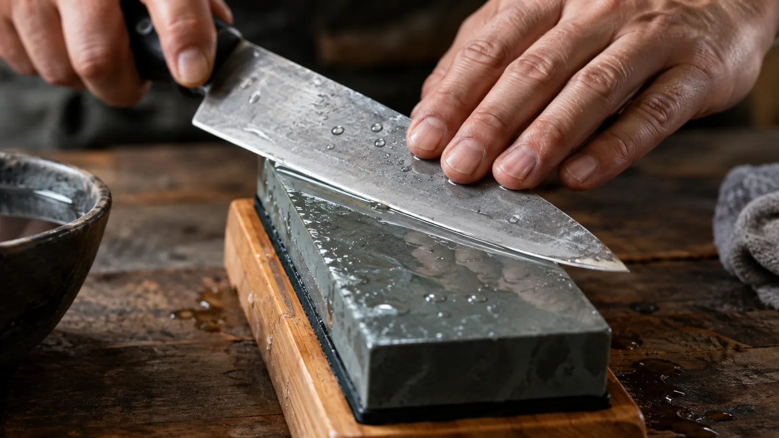 A butcher knife being sharpened on a whetstone with water on the stone