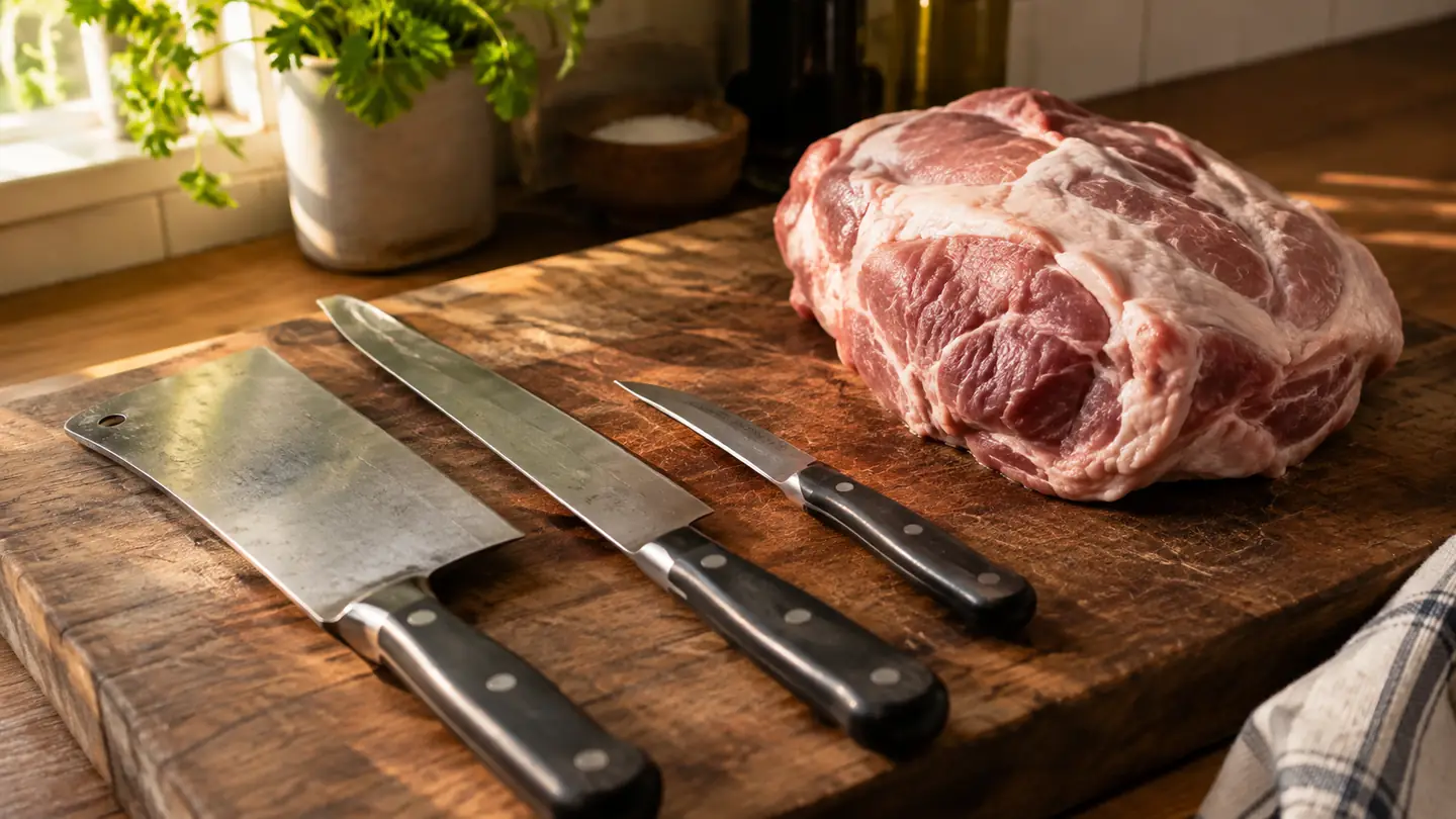 Butcher knives laid on a wooden cutting board beside a pork shoulder in a home kitchen