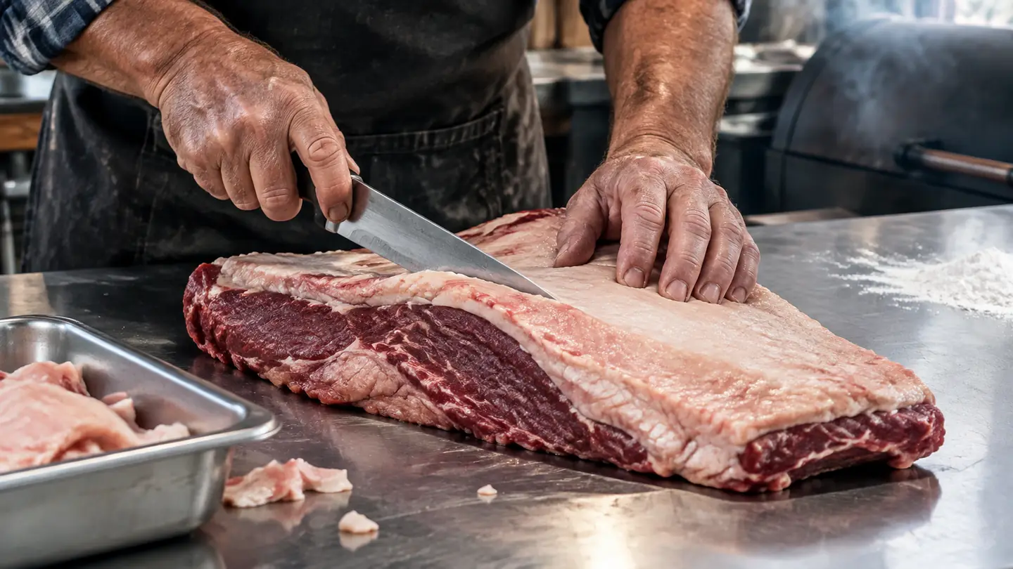 Hands trimming the fat cap from a brisket with a butcher knife on a stainless steel counter.