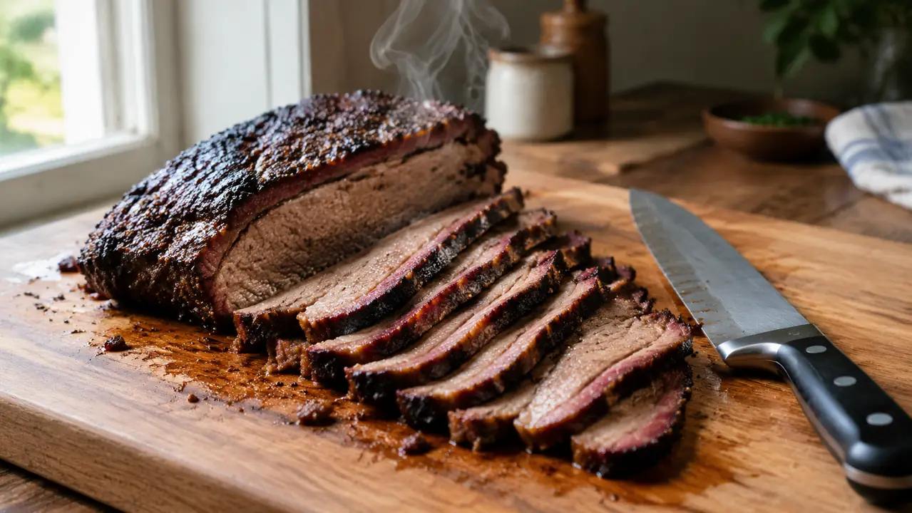 Sliced brisket resting on a wooden board with a clean butcher knife laid beside it.