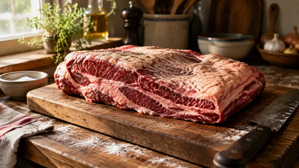 A large brisket on a wooden cutting board in a home kitchen, morning light from a window, a butcher knife resting beside it.