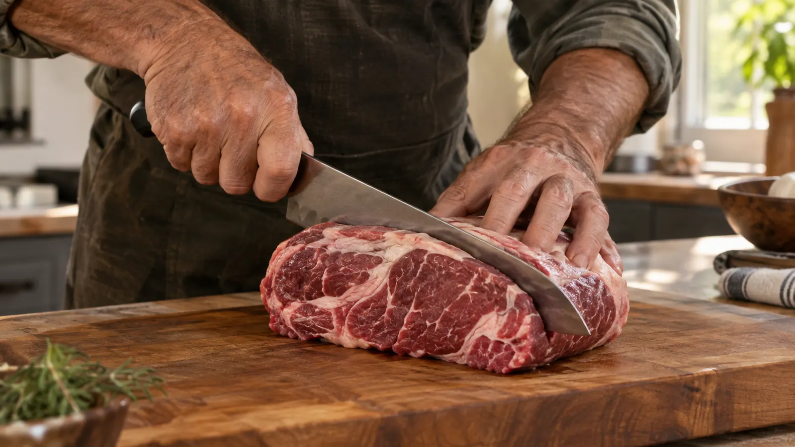 a hand guiding a butcher knife through a large cut of meat on a wooden board
