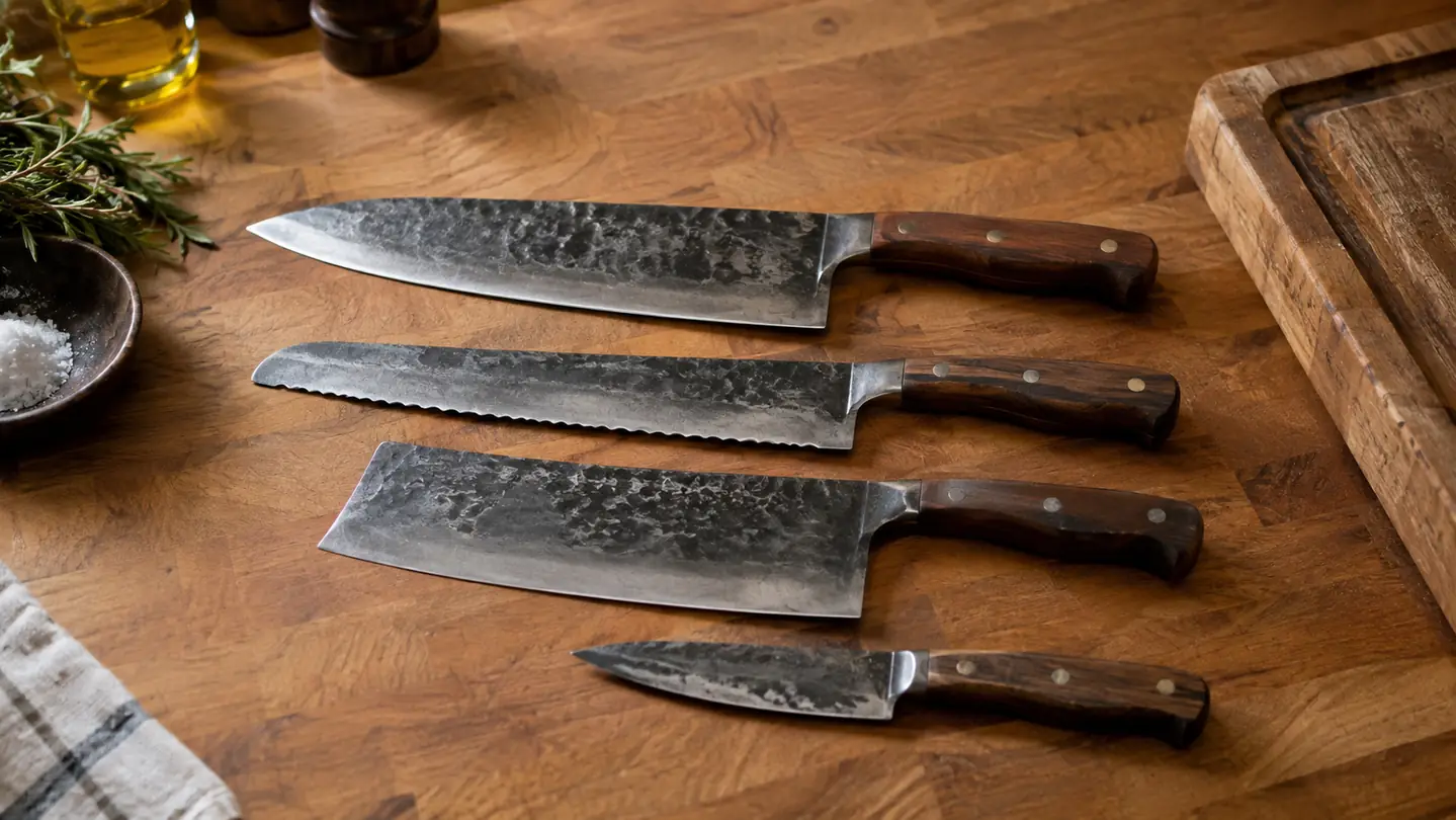 four hand-forged butcher knives resting on a wooden countertop in a home kitchen