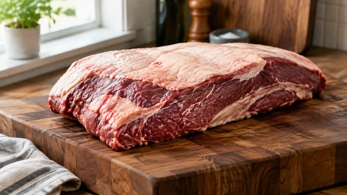 a large roast on a wooden cutting board in a home kitchen with natural light