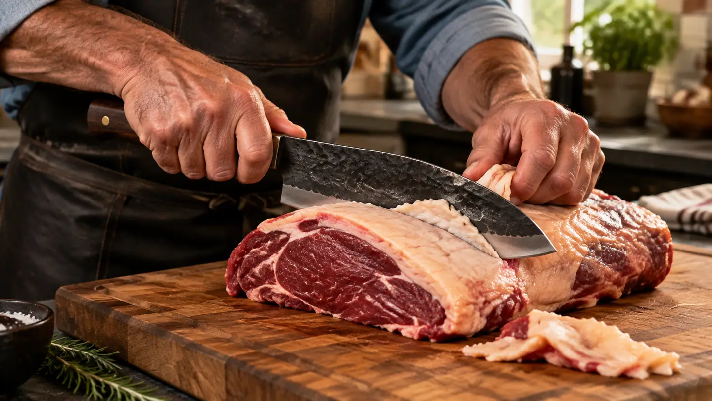 A man's hand using a heavy hand-forged butcher knife to trim fat from a large cut of beef on a wooden board