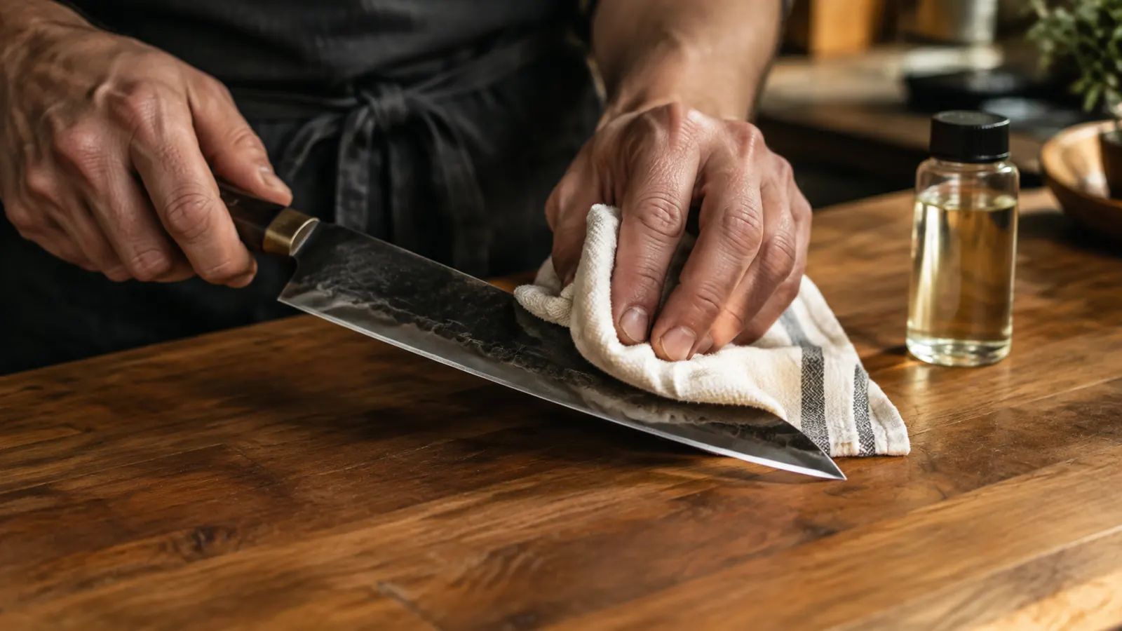A dark carbon steel blade being wiped dry with a cotton towel beside a small bottle of oil