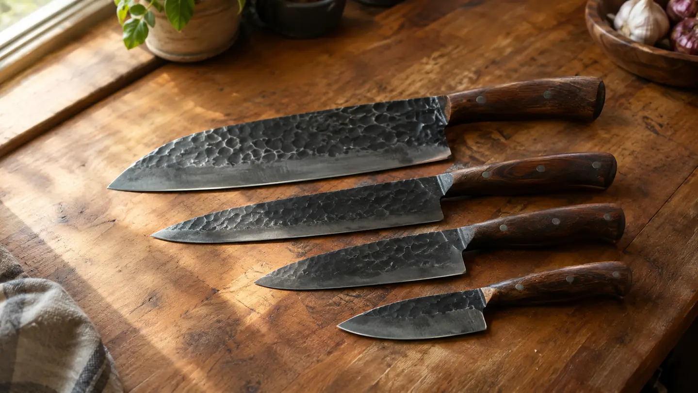 Four hand-forged butcher knives laid out on a worn wooden counter in warm kitchen light