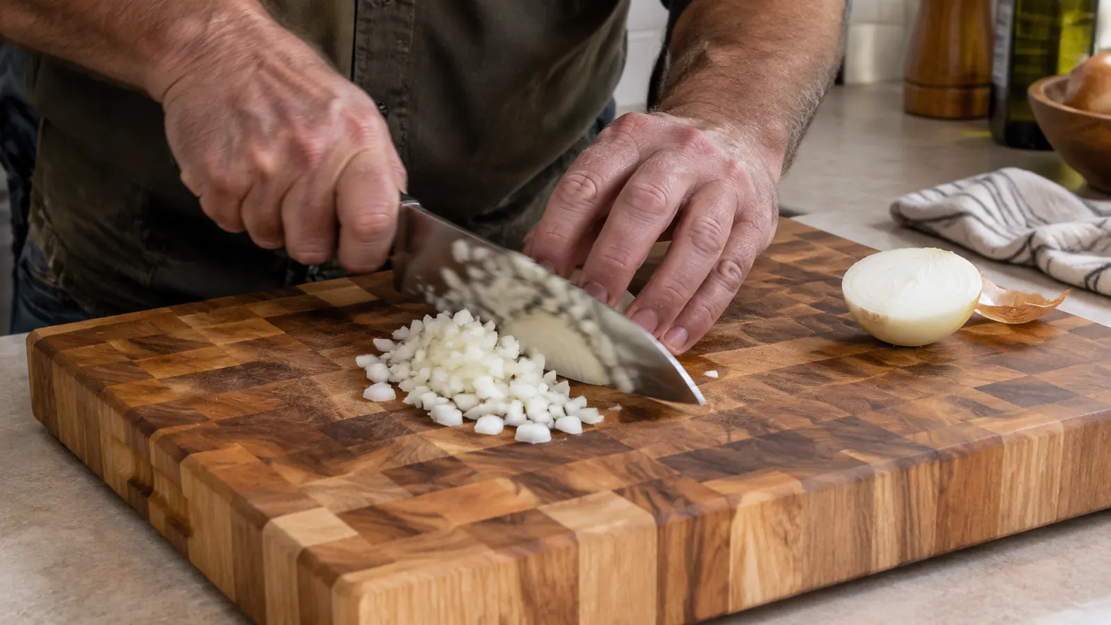 Hands dicing an onion on a steady end grain cutting board
