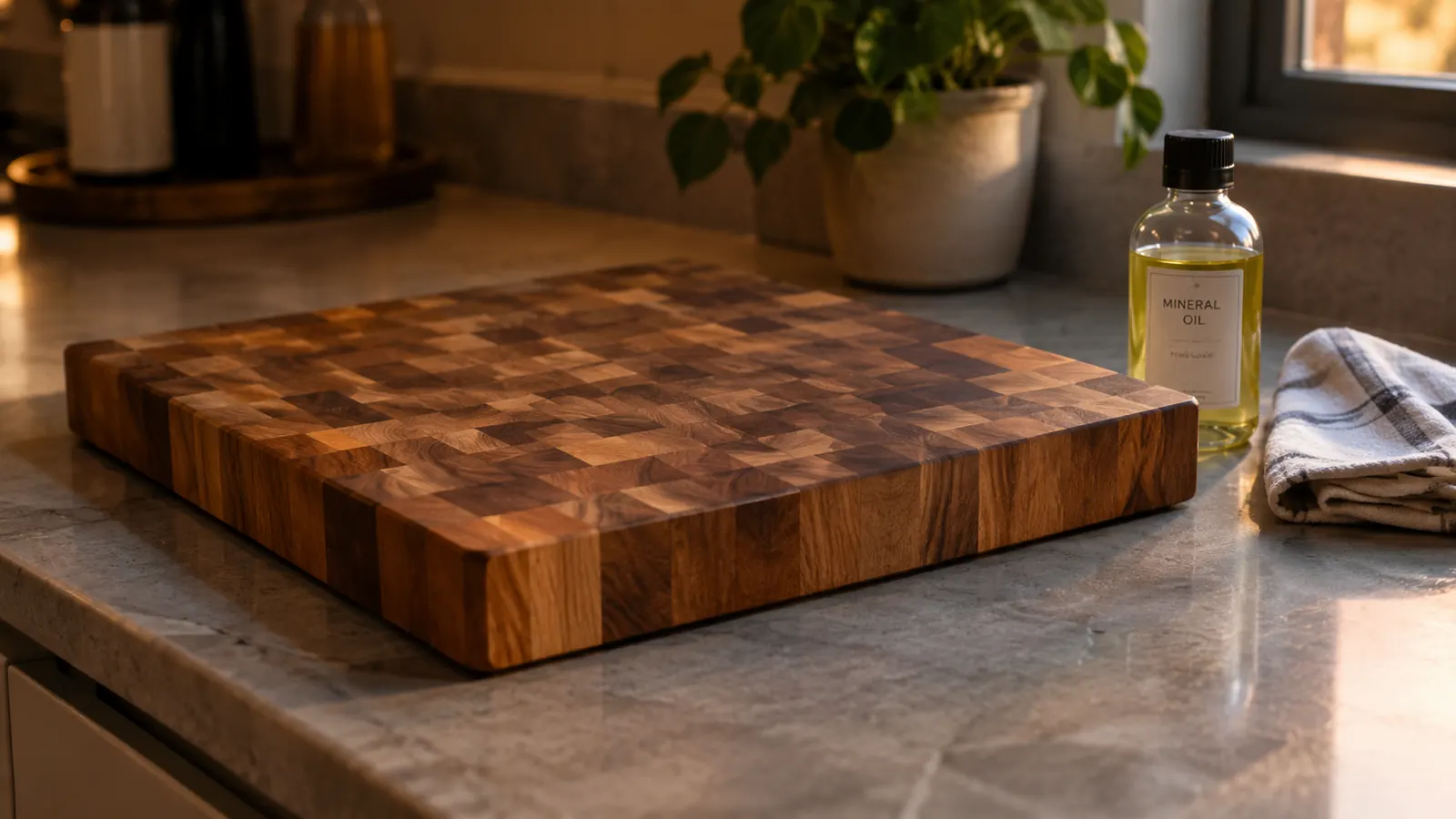 An end grain cutting board on a counter with a small bottle of mineral oil and a folded cloth beside it