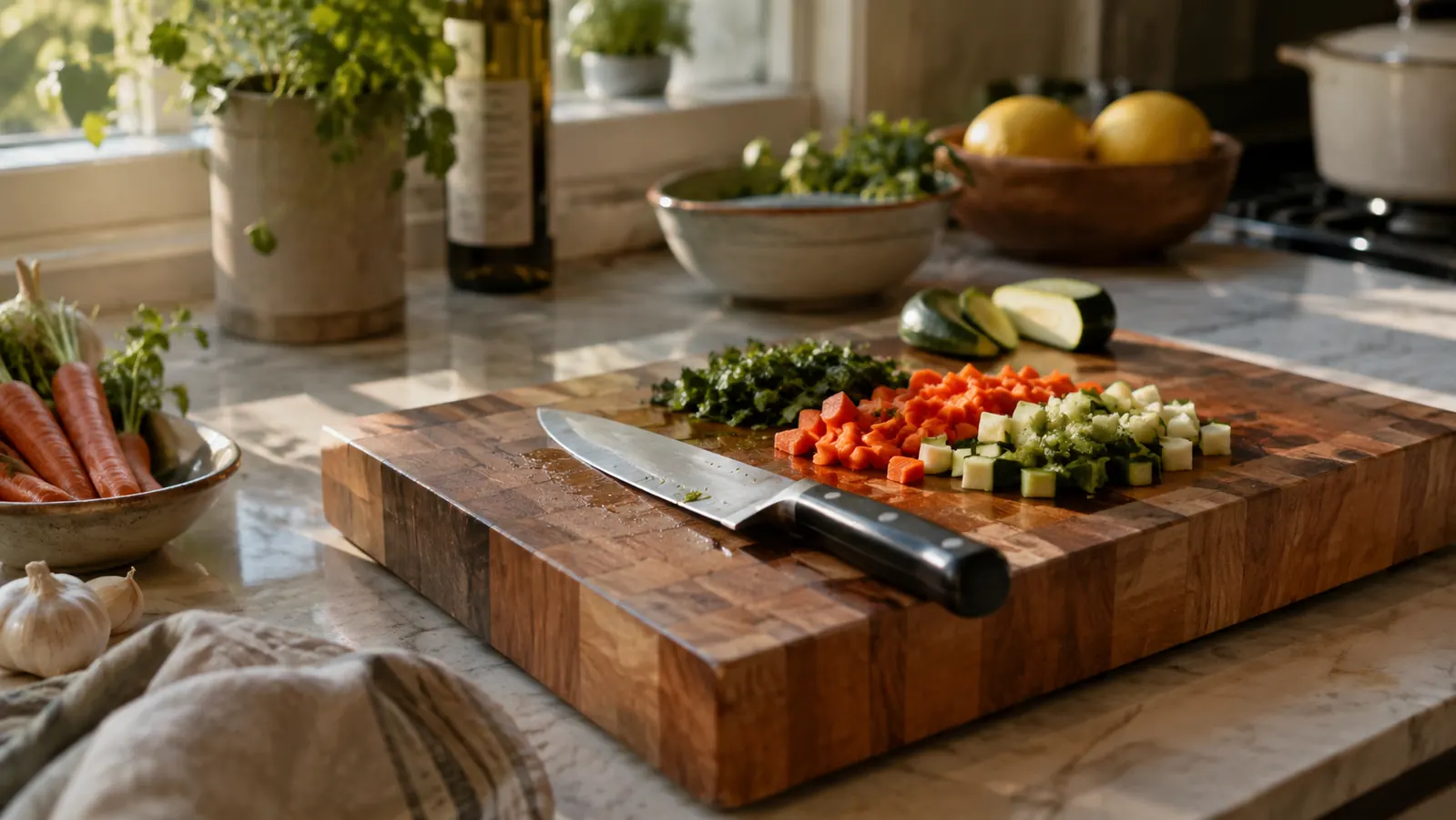 A thick end grain cutting board on a kitchen counter with a knife and chopped vegetables beside it