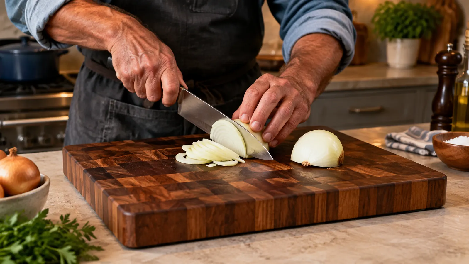 A man's hand slicing an onion on a thick end-grain walnut cutting board