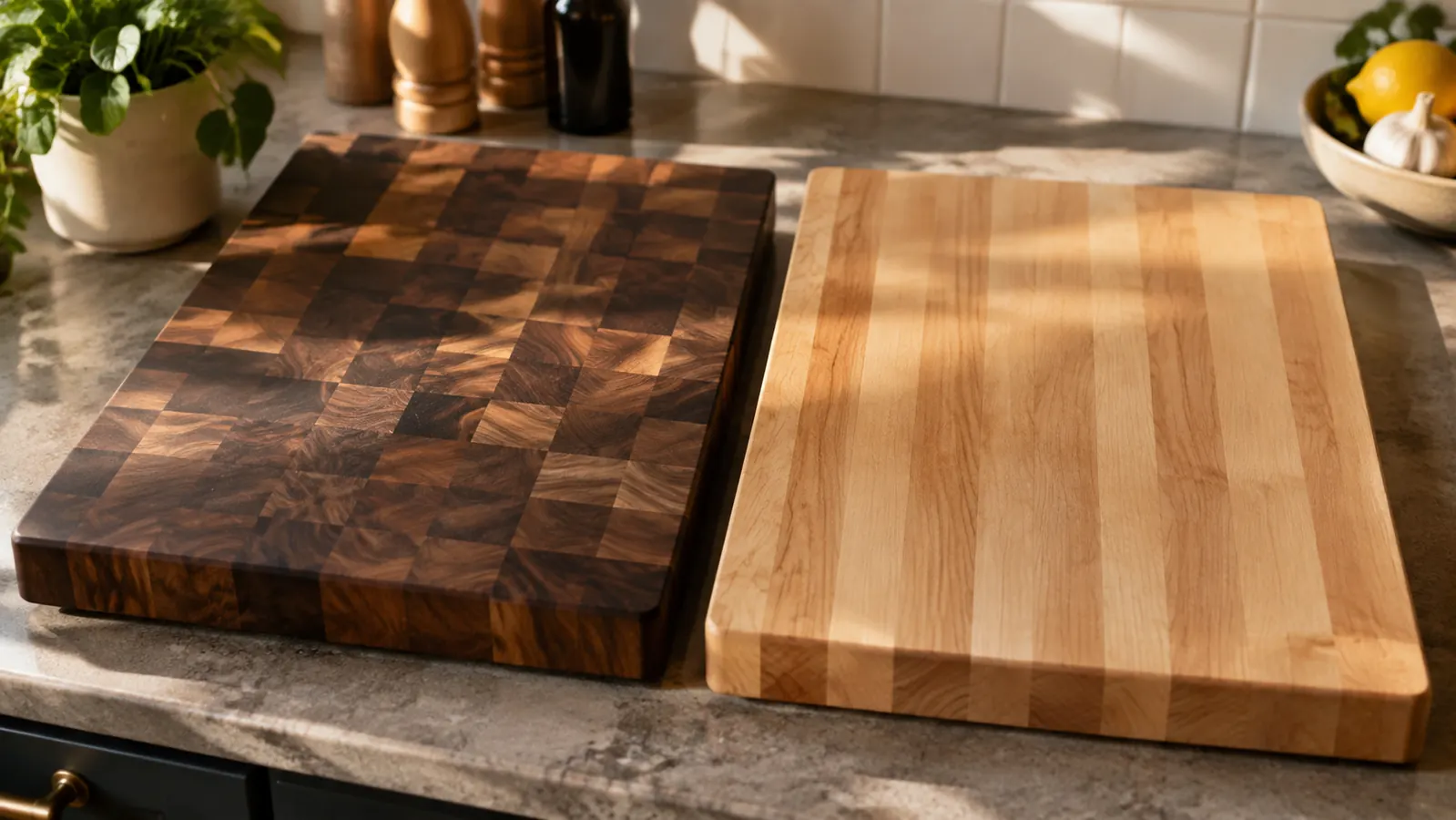 Two wooden cutting boards side by side on a counter, one showing a checkerboard end-grain face and one showing long straight strips