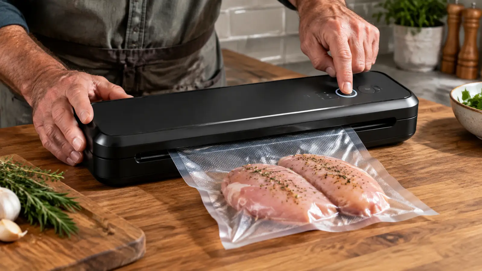 A hand operating the FoodSaver V4400 vacuum sealer while sealing a bag of chicken breasts
