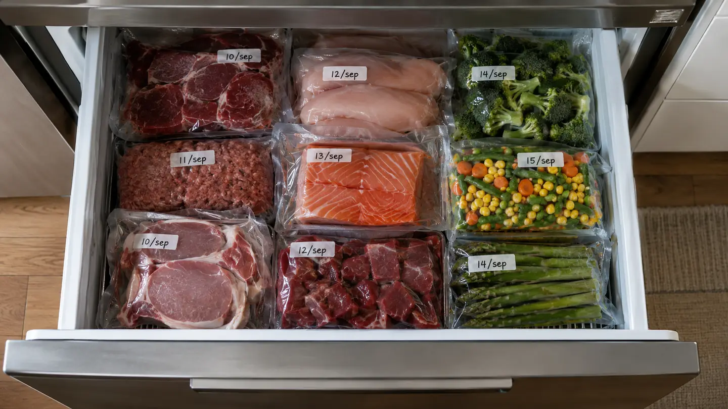 An organized freezer drawer with vacuum-sealed packages labeled with dates