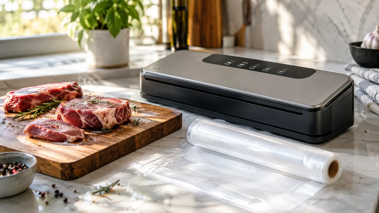 A vacuum sealer machine on a kitchen counter with a roll of bags and raw meat nearby