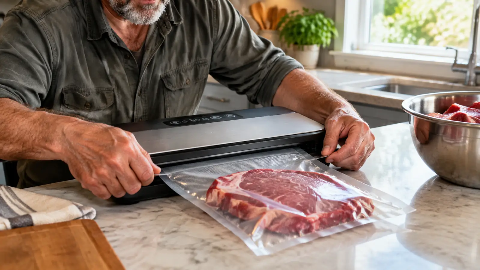 Hands pressing the open end of a bag of meat into the seal channel of a vacuum sealer on a kitchen counter