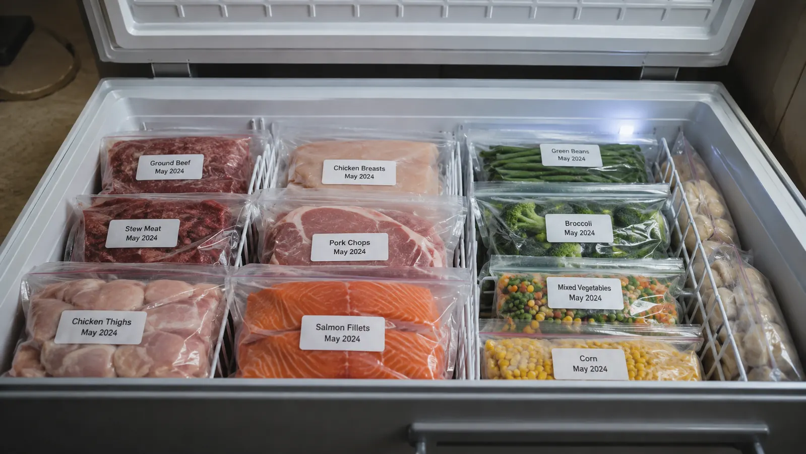 Freezer shelves with neat rows of labeled vacuum-sealed bags of meat and vegetables