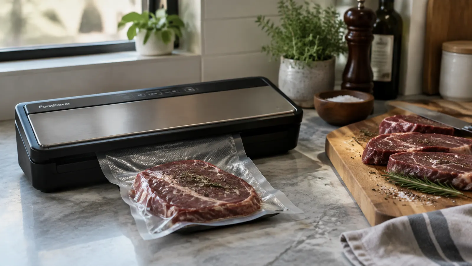 Home kitchen counter with a vacuum sealer, venison steaks on a cutting board, and morning light through a window