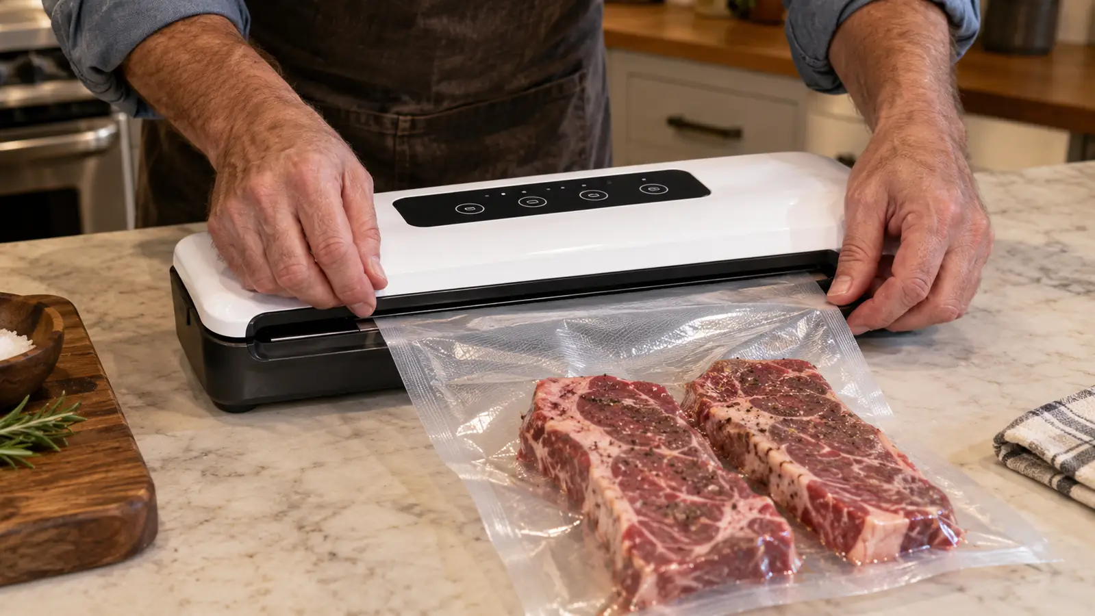 A man's hands placing the open end of a bag of steaks into a countertop vacuum sealer