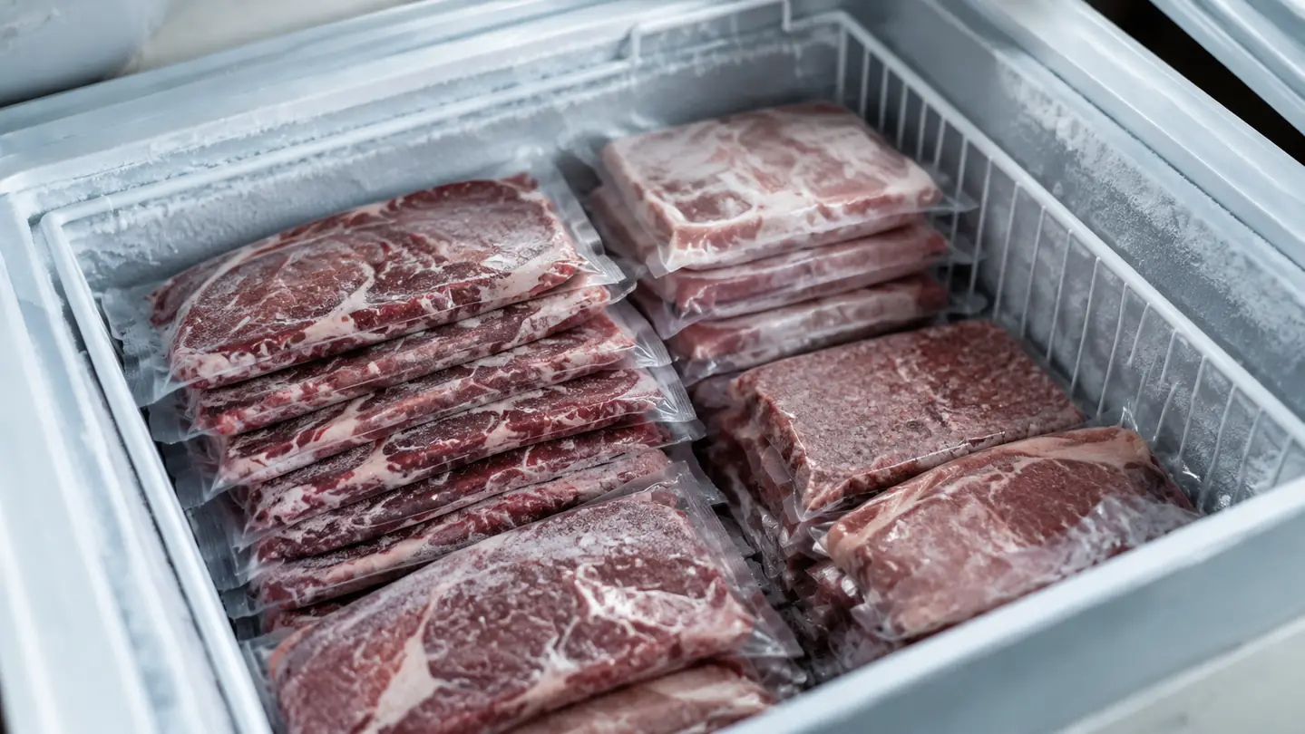 A chest freezer drawer filled with flat stacked vacuum-sealed packages of meat