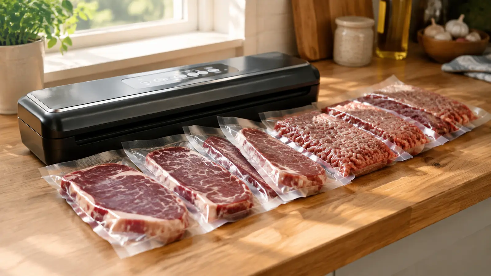 A countertop vacuum sealer beside a row of sealed bags of meat on a kitchen counter