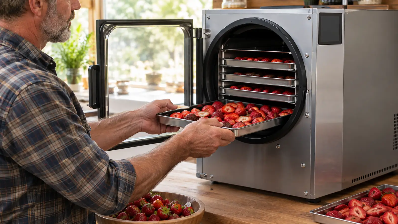 Hands loading fresh strawberries onto the trays of an open home freeze dryer.